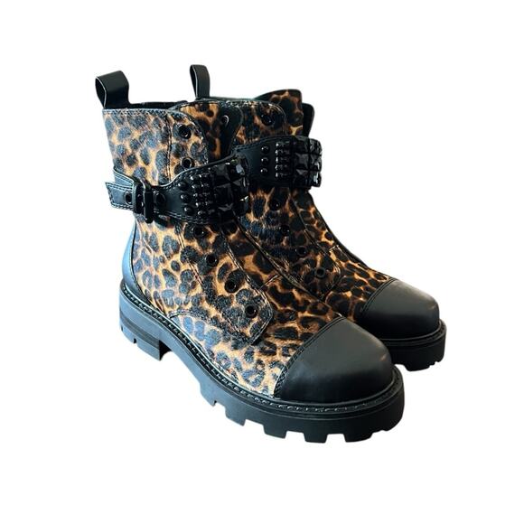 Karl Lagrerfield Paris Maeva Buckled Combat Booties Leopard Calf Hair NEW 6.5 - Picture 1 of 12